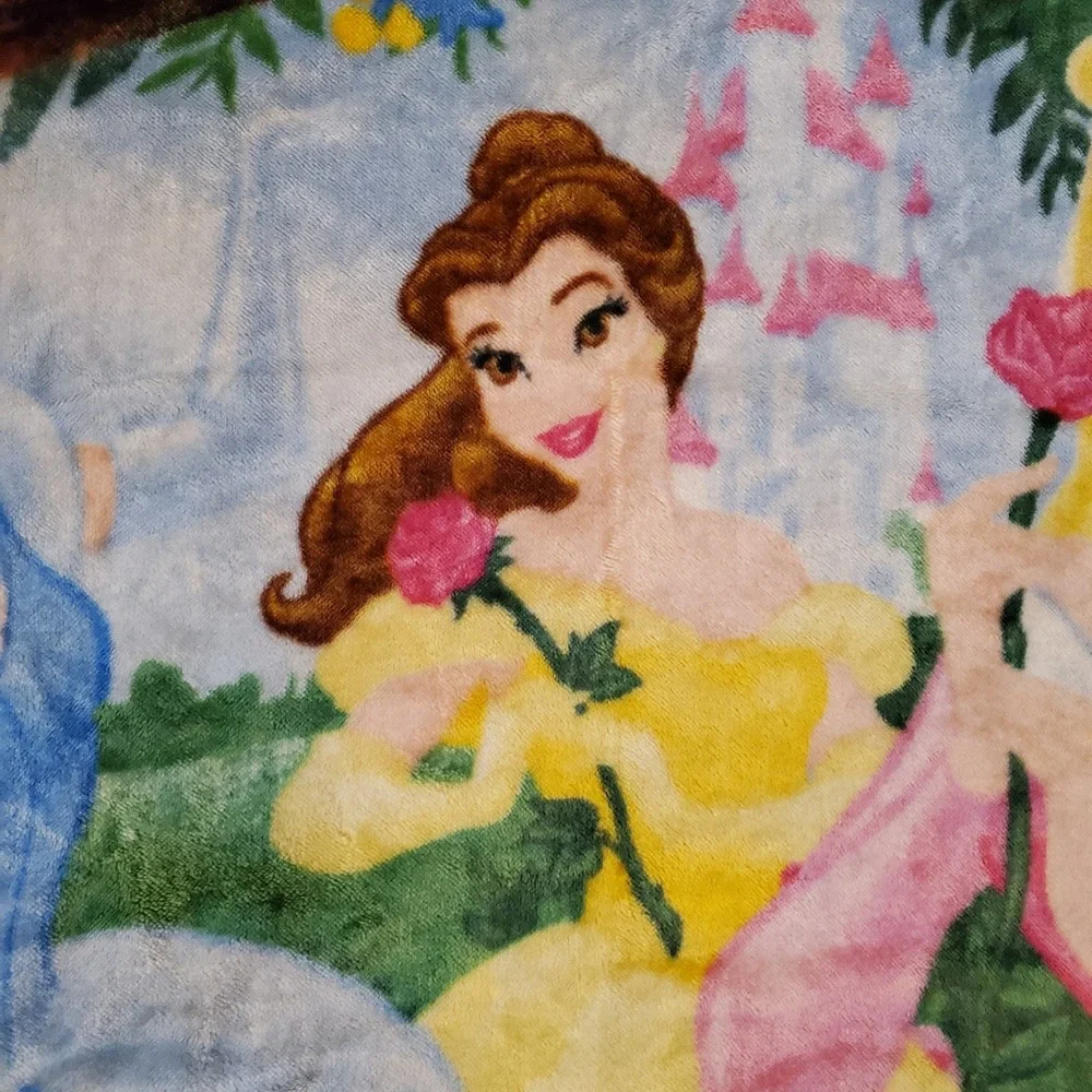 Disney Princess Fleece Throw Blanket Cinderella Belle Aurora Pink Trim‎ Plush